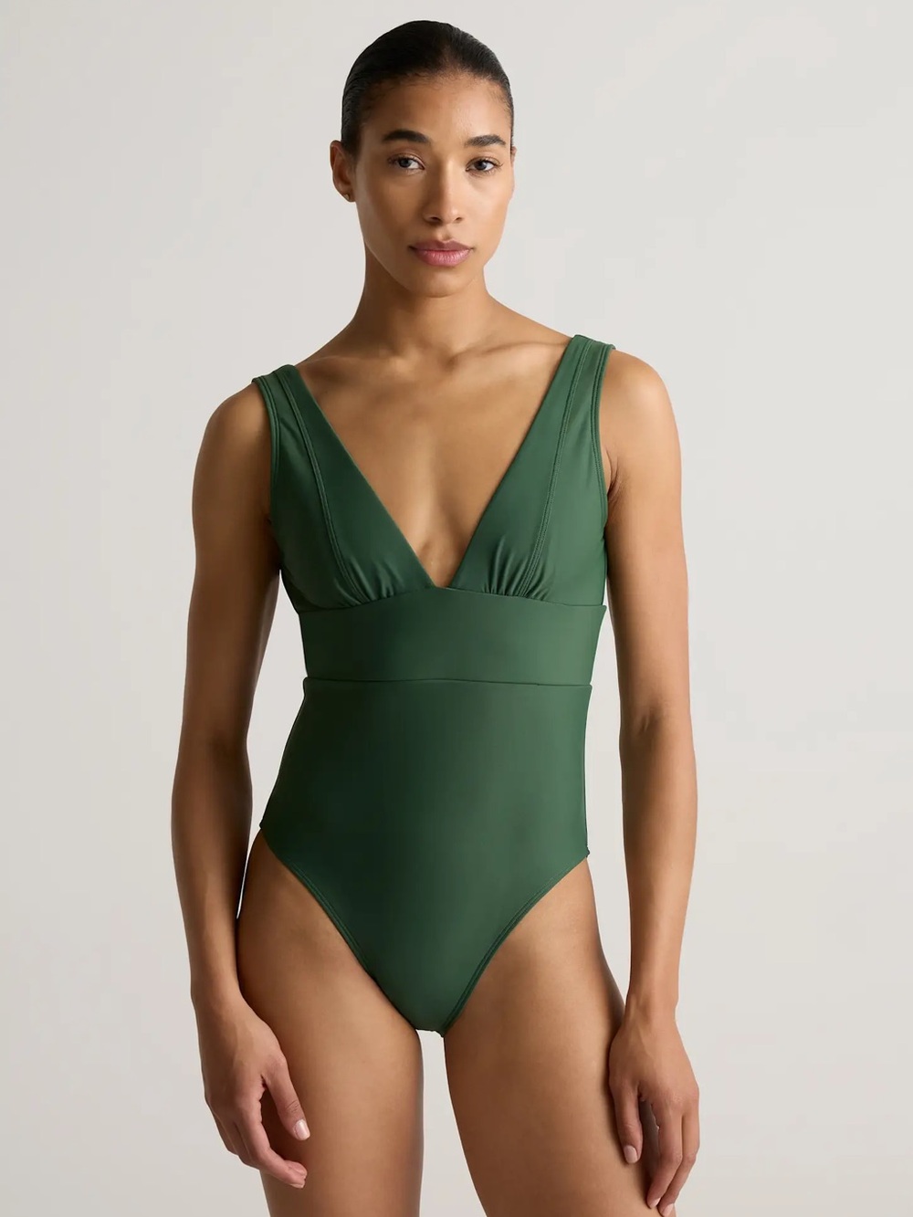 QUINCE Italian Plunge One Piece Swimsuit Large Palm Green Compression Resortwear